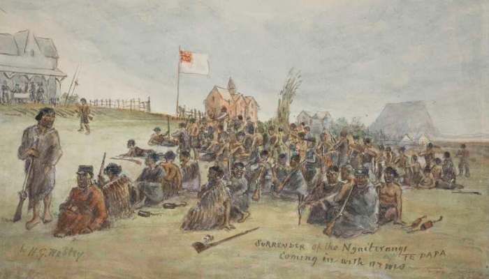Painting of scene at Tauranga. A large group of Māori are seated, with their leader, Hori Ngatai, standing in the centre and speaking.