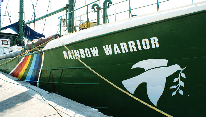 Colour photo from 2009 of the Greenpeace ship, Rainbow Warrior II, docked in Marmaris, a port city in Turkey.