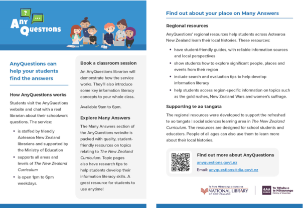 An AnyQuestions flyer with text about AnyQuestions, Many Answers and regional resources. 