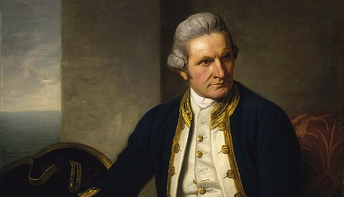 Colour photo of a portrait of Captain James Cook by Nathaniel Dance. Shows cook in a naval uniform and the ocean out the window to his right.