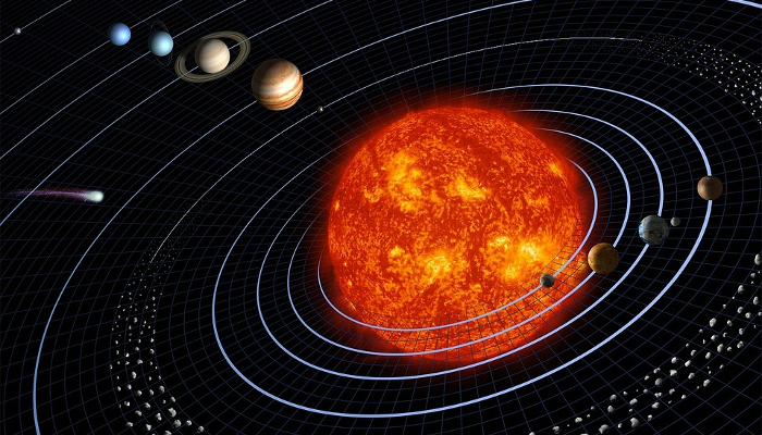 Colour illustration showing the position of the Sun and planets in the solar system.