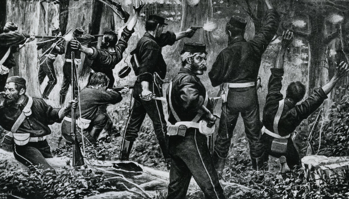 Black and white illustration of armed, uniformed government forces shooting at Te Ngutu o te Manu, near Kaponga.