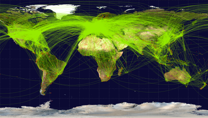 Image: World-airline-routemap-2009 (https://commons.wikimedia.org/wiki/File:World-airline-routemap-2009.png) by Jpatokal on Wikimedia Commons.
