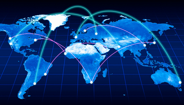 Colour map of the world showing lines connecting different continents and places.