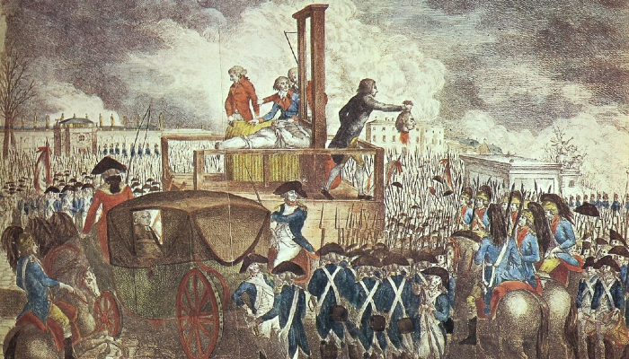 Colour painting showing the execution of Louis XVI by guillotine. It shows thousands of soldiers witnessing the execution.