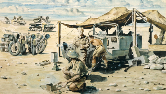 Photo of a 1940s watercolour showing 3 New Zealand soldiers in a desert. There are tanks and motorcycles in the background. One soldier works on a truck under a canvas tent.