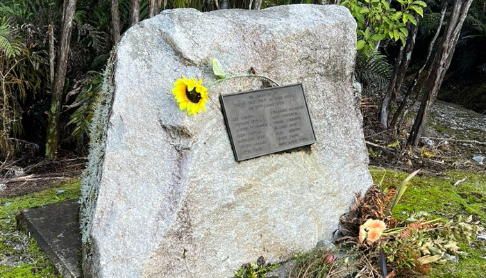 Colour photo of the Kotihotiho (Cave Creek) memorial in Paparoa National Park. The memorial has a Sunflower laid on it.