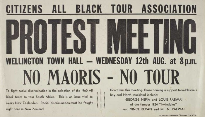 Handbill for Citizens All Black Tour Association protest meeting at Wellington Town Hall Wednesday 12 August.