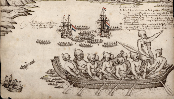 Illustration of Mohua (Golden Bay), Aotearoa NZ. It shows 2 of Abel Tasman's ships surrounded by Māori in their waka.