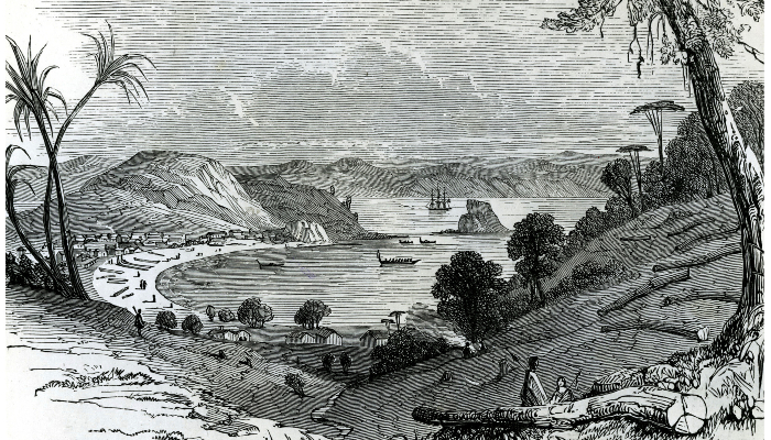 Black and white illustration of Kororāreka (Russell) beach in the Bay of Islands.