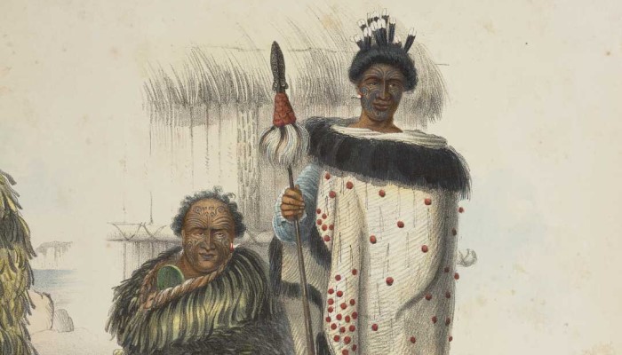 Illustration of Te Kawau and his nephew Tamahiki. Te Kawau sits on the ground holding a mere. Tamahiki stands holding a taiaha.