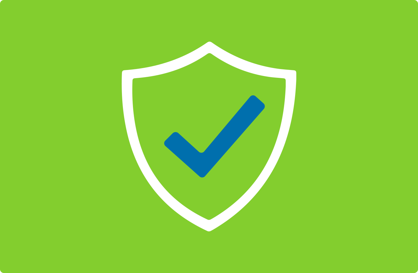 Safe internet use icon - blue tick inside white shield on green background