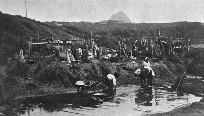 1908 photo showing 3 Māori women standing in a stream in front of a small settlement.