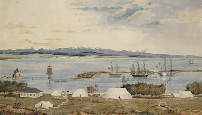 1841 painting showing a barracks and tents to house the first Nelson settlers. In Tasman Bay are the first three immigrant ships.