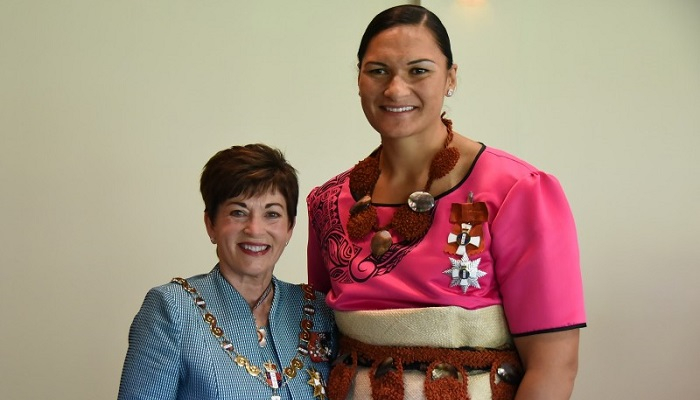 Colour photo from 2017 of Dame Patsy Reddy and Valerie Adams when Adams was appointed a Dame of the New Zealand Order of Merit for services to athletics. 