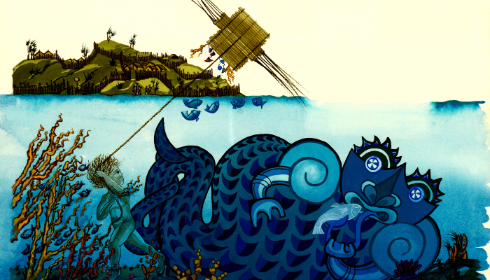 Illustration of an underwater scene with seaweed, fish, and a boy flying a manu tukutuku (kite) next to a taniwha (guardian).