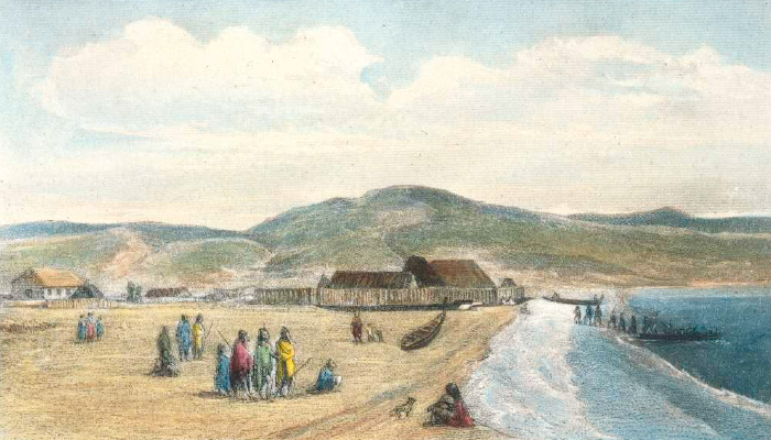 1840s colour illustration of the Pitone pā on the waterfront at Petone. Groups of Māori are in the foreground.