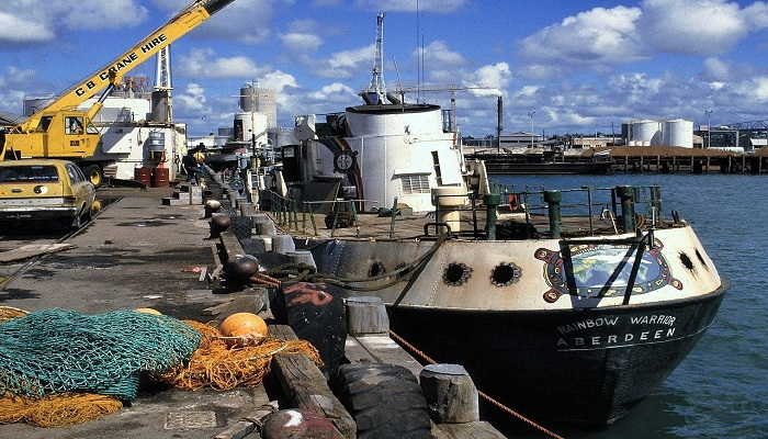 Colour photo from 1985 of the Greenpeace ship, Rainbow Warrior, docked in Auckland, New Zealand.