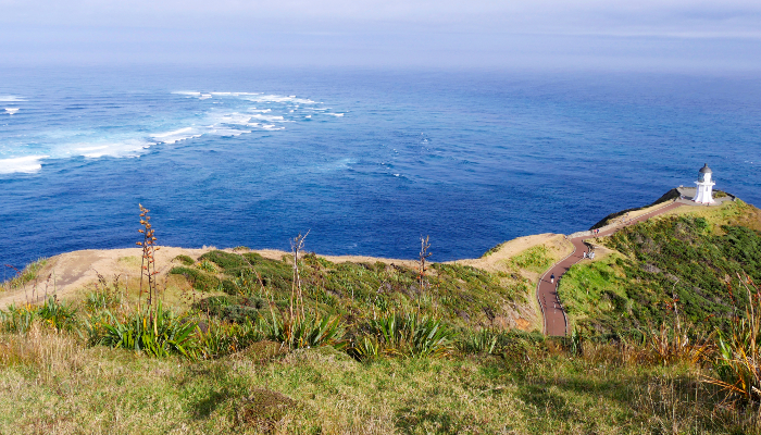 Photo of Cape Reinga with lighthouse and Columbia Bank, in Northland.