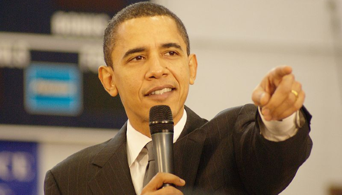 Colour photo of Barack Obama, former president of the United States, giving a speech on President's Day.