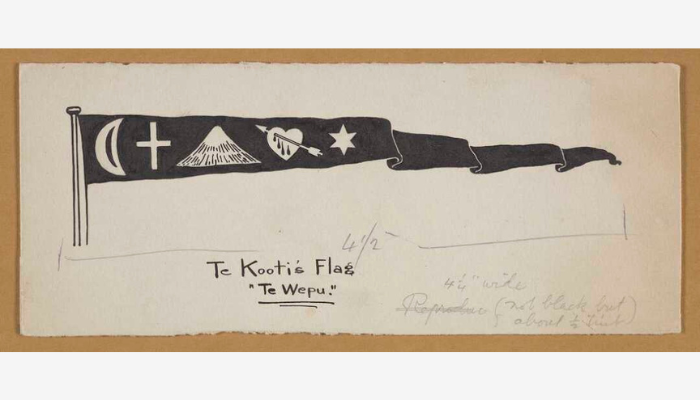Ink drawing of a black pennant with white shapes on it — from left to right: a quarter moon, cross, heart pierced by an arrow, and a star. Words underneath the drawing read ‘Te Kooti's Flag "Te Wepu"'.