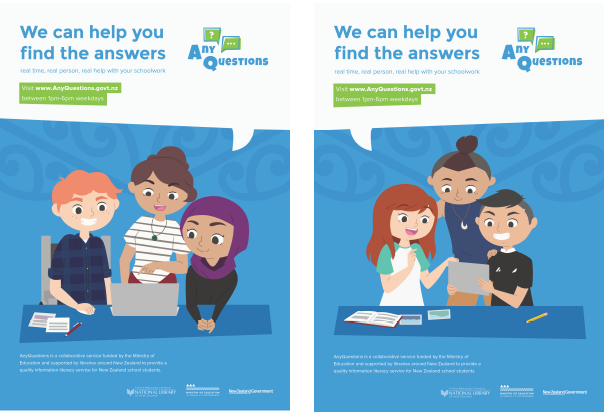 Two Any Questions posters showing three cartoon students on each looking at digital resources