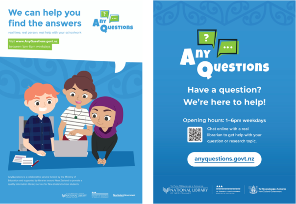 Two AnyQuestions posters. One shows three cartoon students looking at digital resources. One Is white text on a blue background.