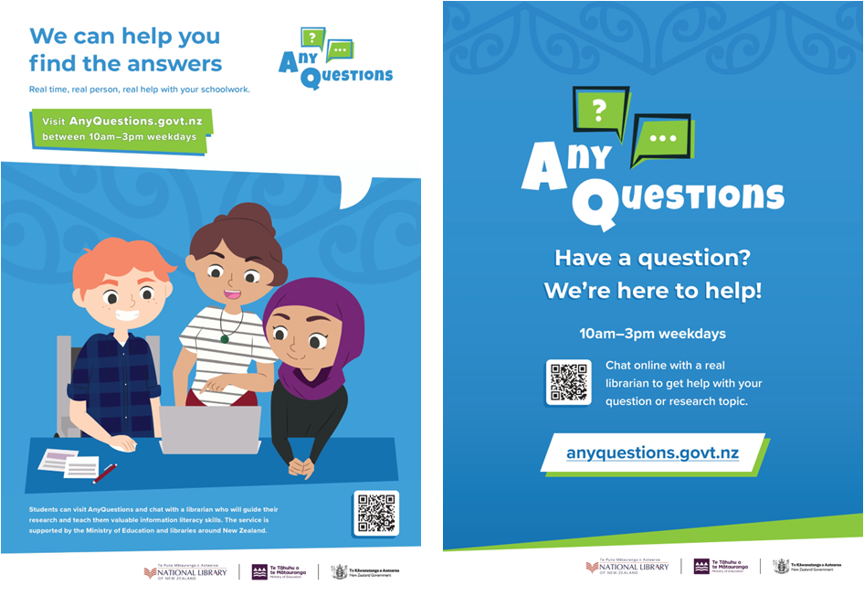 Two AnyQuestions posters. One shows three cartoon students looking at digital resources. One is white text on a blue background.