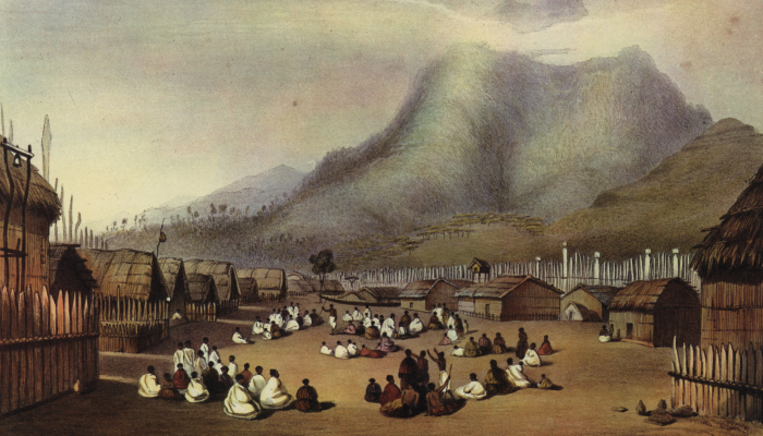 Colour illustration of Kaitotehe pā showing whare (houses) and palisades around a group of Māori.