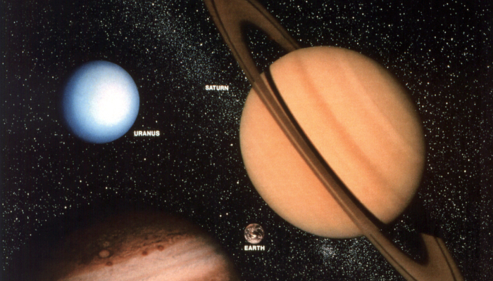 Colour illustration of planets in the solar system including Saturn, Uranus, Earth and part of Jupiter.