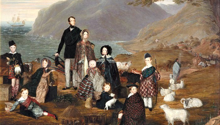 Painting from 1844 of a Scottish family ready to board a ship to Aotearoa NZ.