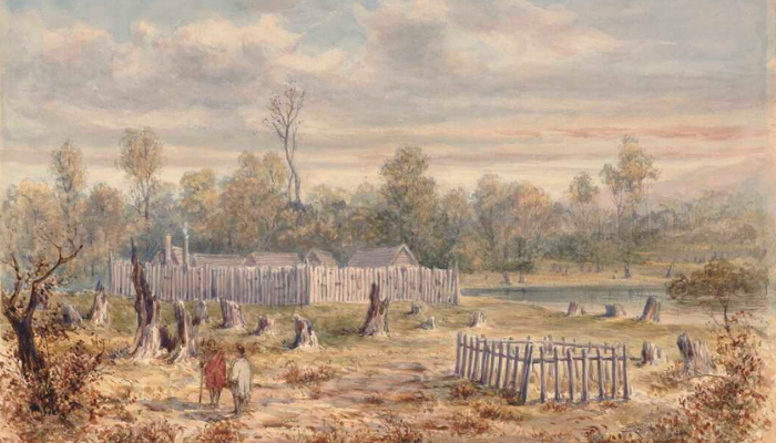 Painting of Boulcott’s stockade in Hutt Valley. In the foreground are 2 Māori and graves to their right.