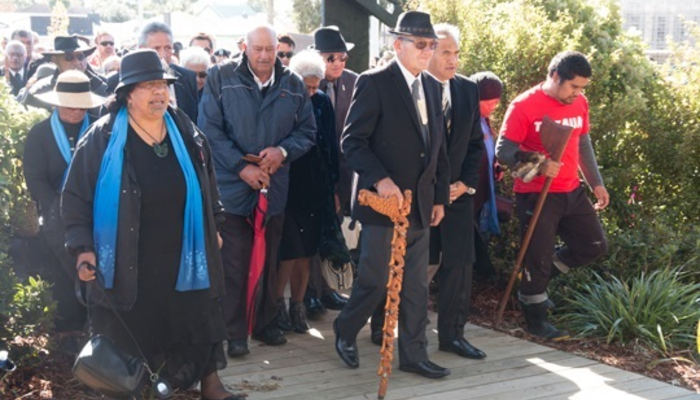 2014 photo of the seventh Māori King, Te Arikinui Tūheitia Paki, and a Māori group arriving at the 150th anniversary of the Battle of Gate Pā in Tauranga.