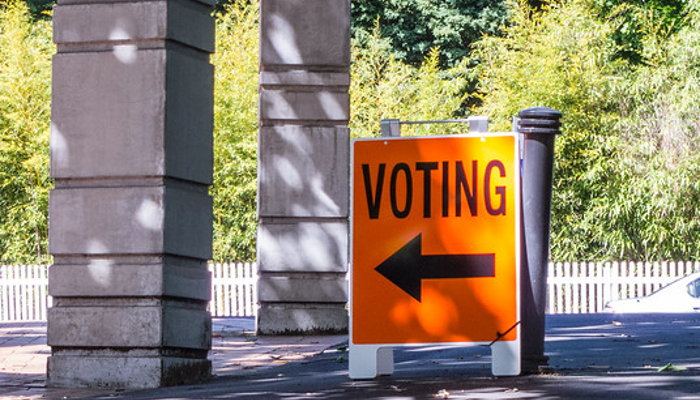 Colour photo of a bright orange sign with the word 'Voting' with an arrow below it pointing to where to vote.
