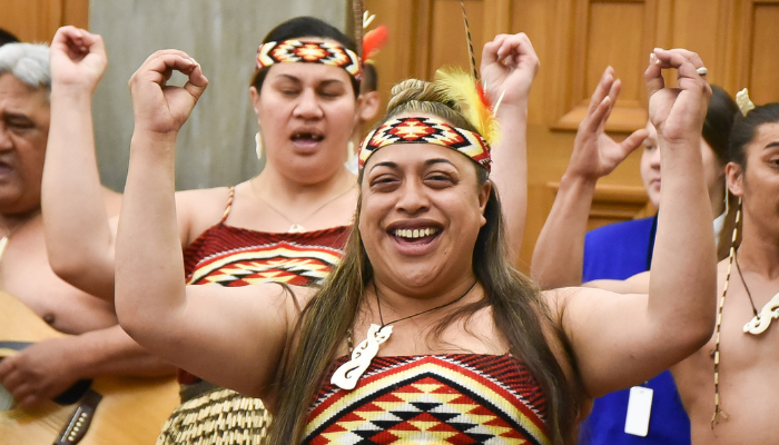 Image: A member of the kapa haka group (https://gg.govt.nz/image-galleries/8911/media?page=7) by Government House on The Governor-General of New Zealand. Public domain (https://gg.govt.nz/copyright-and-licensing). Image cropped.
