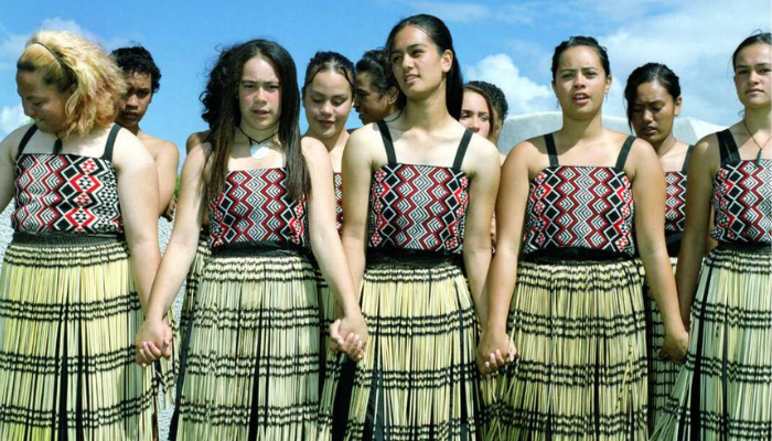 Colour photo of a kapa haka group at Te Matatini 2005.