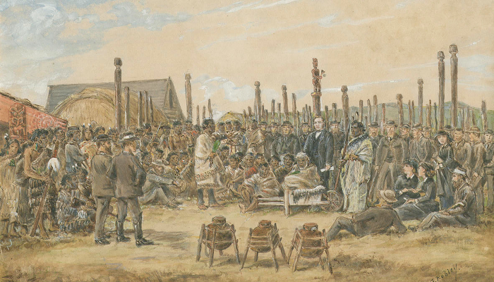 1863 painting of meeting of Europeans and Māori from Hawke's Bay to discuss the Treaty. Behind the group of people are huts and posts.