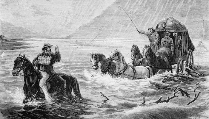 Image: Cobb and Co's coach crossing the Waimakariri River during a flood (https://natlib.govt.nz/records/22874891) by Thomas Samuel Cousins. Collection: Alexander Turnbull Library, Ref: MNZ-0643-1/4-F.