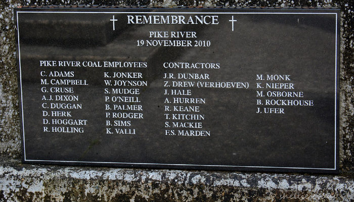 Photo of a memorial plaque with the names of the 29 men who died in the 2010 Pike River Mine disaster in Aotearoa NZ.