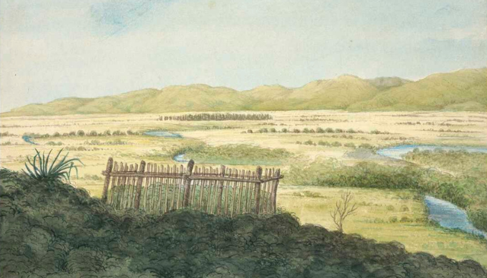 Watercolour of view looking west over the Wairau Plain with the Tuamarina Stream winding across it. In the foreground is a fenced grave.