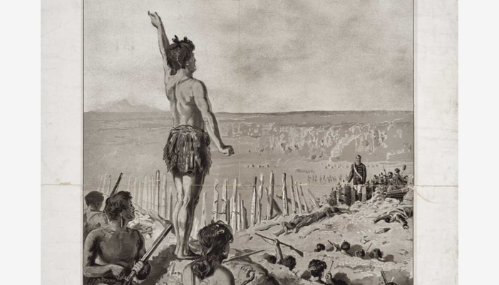 Illustration of Rewi Maniapoto standing on top of earthworks at Ōrākau Pā. Other Māori are in the trenches with firearms. They are facing British troops.