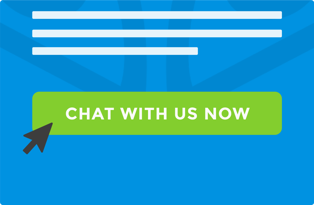 'Chat with us now' button on blue background with black pointer arrow hovering over it