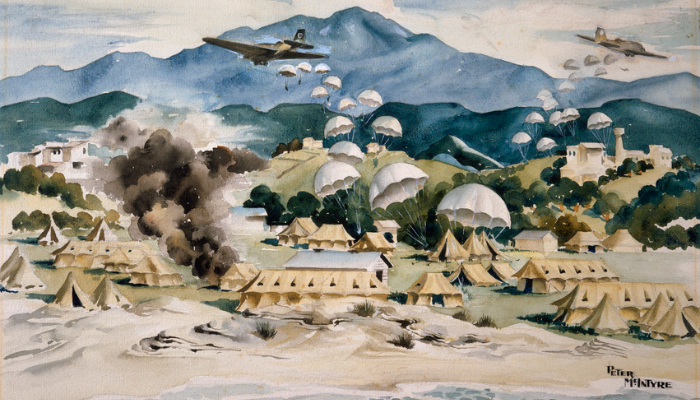 Image: General Hospital Crete, 20 May 1941 (https://www.archives.govt.nz/images/general-hospital-crete-20-may-1941) by Peter McIntyre. Collection: Archives New Zealand, Ref: R22497931. CC by 2.0 (https://creativecommons.org/licenses/by/2.0/). Image cropped.
