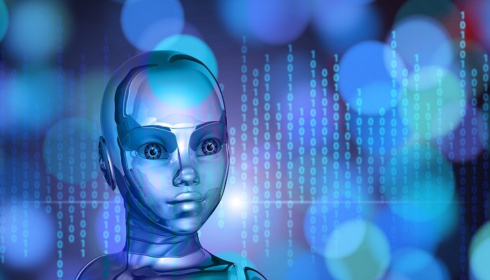 Colour artwork of an artist's impression of a female android (humanoid robot).