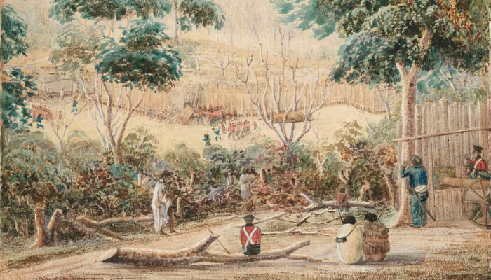 Painting showing a view of Ruapekapeka Pā. Outside the palisades are soldiers and Māori.