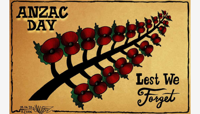 Anzac Day cartoon showing a fern with red poppies at the end of the fronds. Includes the words 'Lest we forget'.