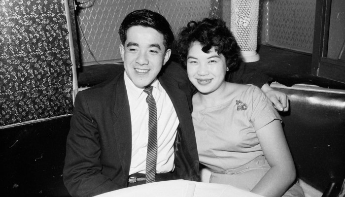 1960 black and white photo of Dennis Doo and Registered Nurse Jeanne Wong at the Hi Diddle Griddle restaurant.