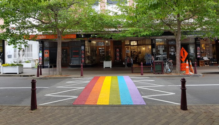 Photo of rainbow cross walk outside Palmerston North City Library to mark Manawatū's gay and lesbian rights group (MaLGRA) 41st anniversary.