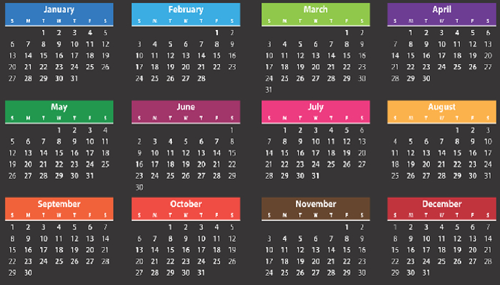 Colour calendar showing 12 months and how many days are in each month for that year.