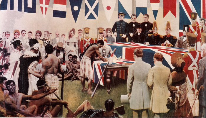 Image: Reconstruction of the Signing of the Treaty of Waitangi, Marcus King (https://en.m.wikipedia.org/wiki/File:Reconstruction_of_the_Signing_of_the_Treaty_of_Waitangi,_Marcus_King_%2816044258961%29.jpg), from Archives New Zealand on Wikimedia Commons.